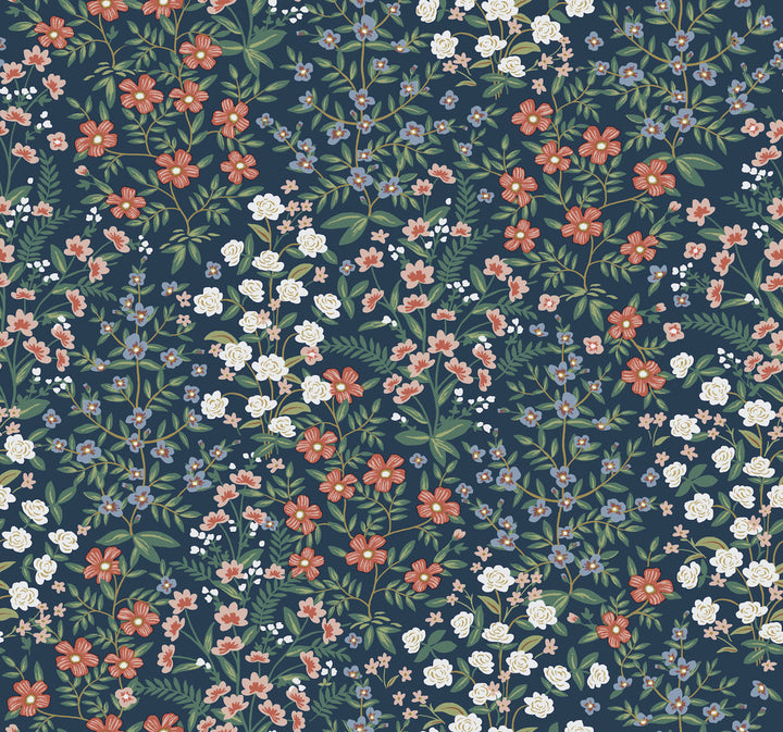 Wildwood Garden Blue & Red Wallpaper by Rifle Paper Co. Rifle Paper Co. Second Edition Covers about 60.8 square feet 27-in by 27-ft long roll Unpasted 25.25 - Fabric Carolina -
