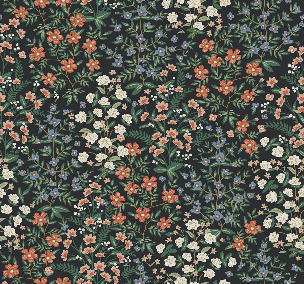 Wildwood Garden Black & Red Wallpaper by Rifle Paper Co. Rifle Paper Co. Second Edition Covers about 60.8 square feet 27-in by 27-ft long roll Unpasted 25.25 - Fabric Carolina -