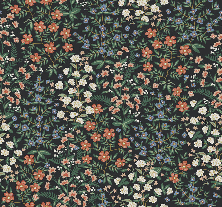 Wildwood Garden Black & Red Wallpaper by Rifle Paper Co. Designer Rifle Paper Co. Second Edition Covers about 60.8 square feet 27-in by 27-ft long roll Unpasted 25.25 - Swanky Fabrics -