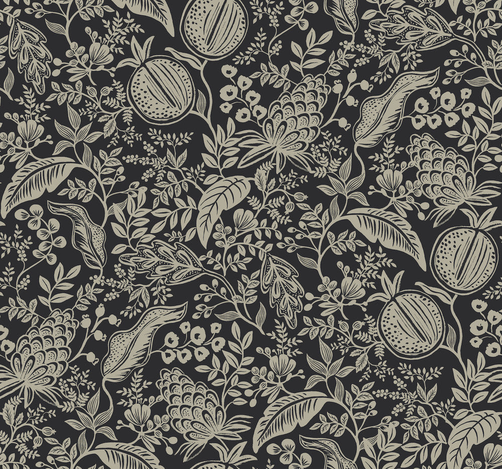 Pomegranate Black Wallpaper by Rifle Paper Co. Rifle Paper Co. Second Edition Covers about 60.8 square feet 27-in by 27-ft long roll Unpasted 25.25 - Fabric Carolina -