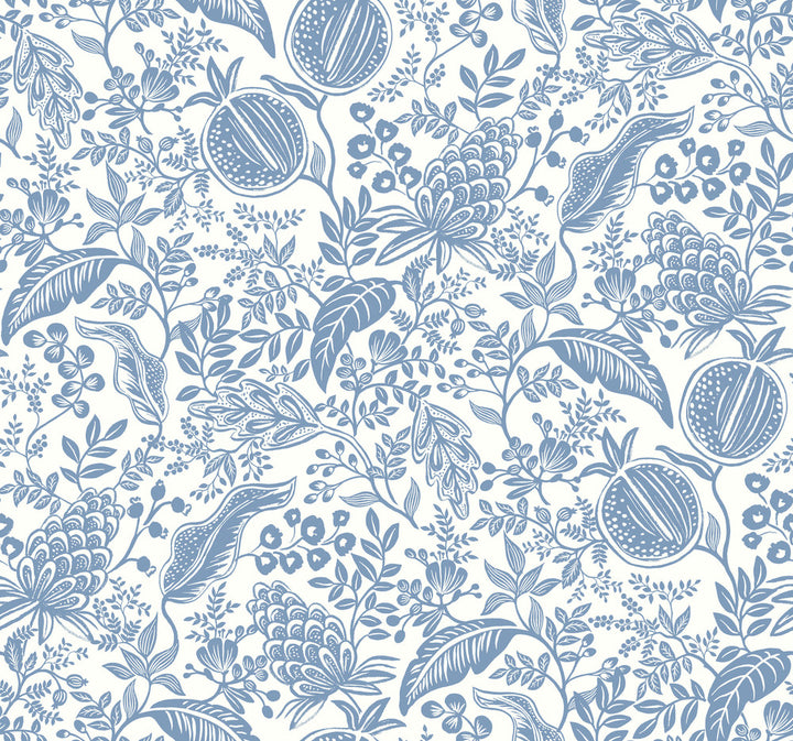 Pomegranate White & Blue Wallpaper by Rifle Paper Co. Rifle Paper Co. Second Edition Covers about 60.8 square feet 27-in by 27-ft long roll Unpasted 25.25 - Fabric Carolina -