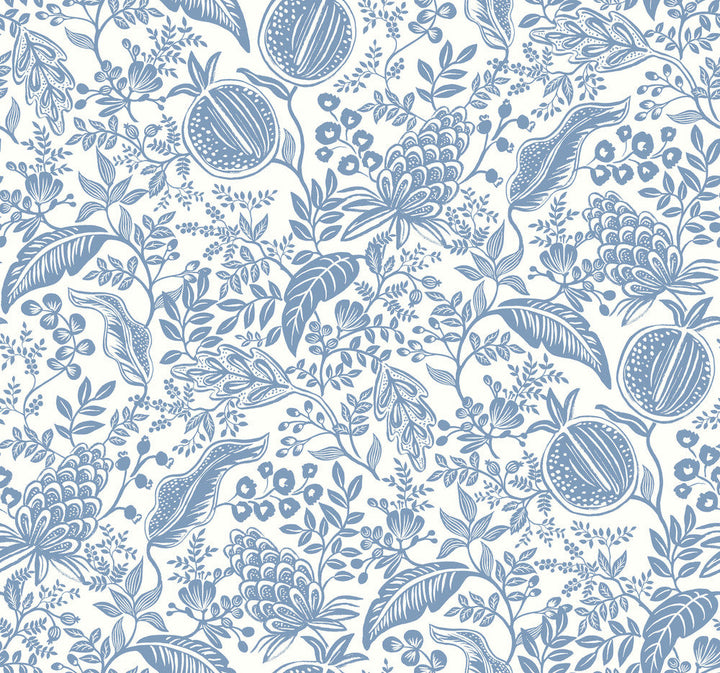 Pomegranate White & Blue Wallpaper by Rifle Paper Co. Designer Rifle Paper Co. Second Edition Covers about 60.8 square feet 27-in by 27-ft long roll Unpasted 25.25 - Swanky Fabrics -