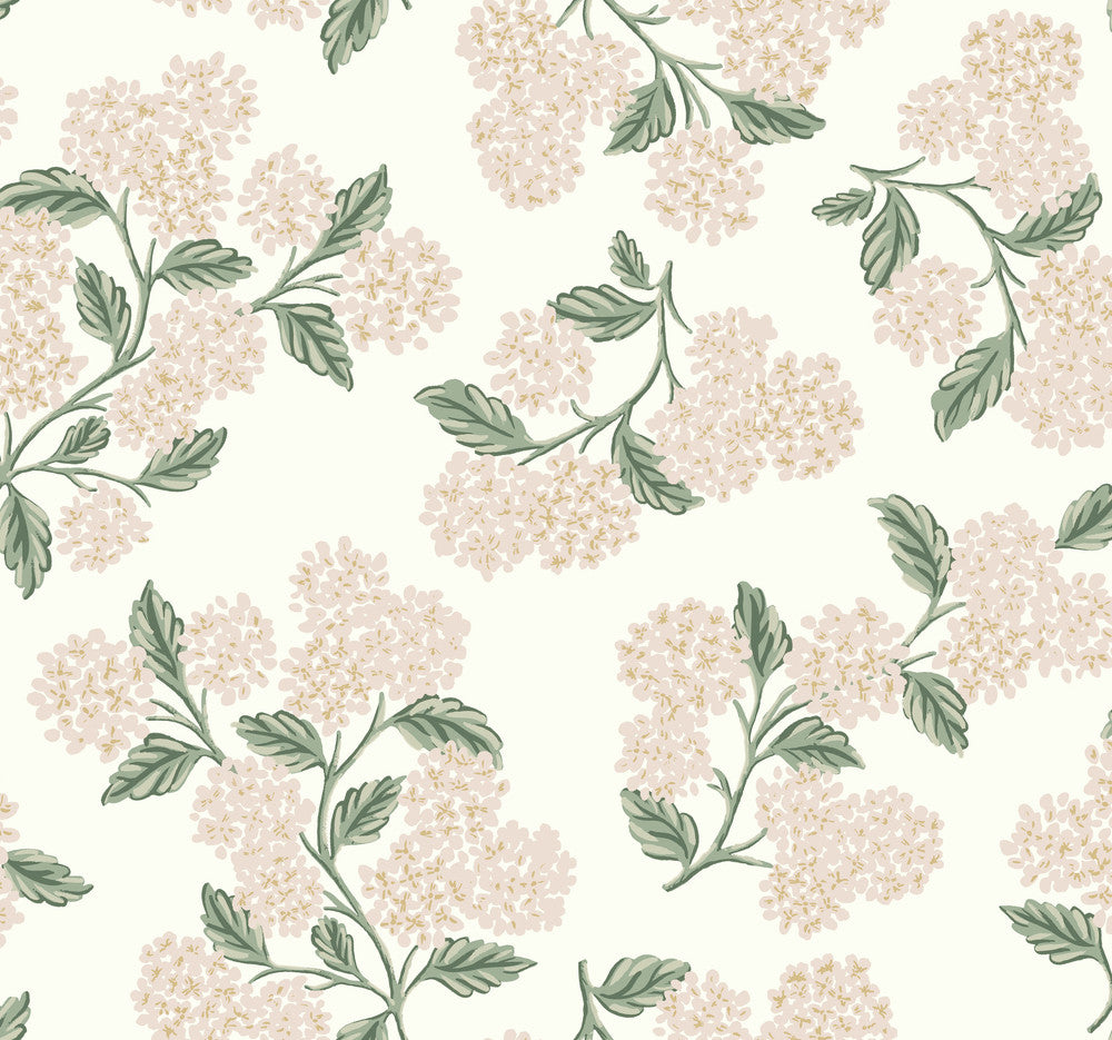 Hydrangea Beige & Pink Wallpaper by Rifle Paper Co. Rifle Paper Co. Second Edition Covers about 60.8 square feet 27-in by 27-ft long roll Unpasted 25.25 - Fabric Carolina -