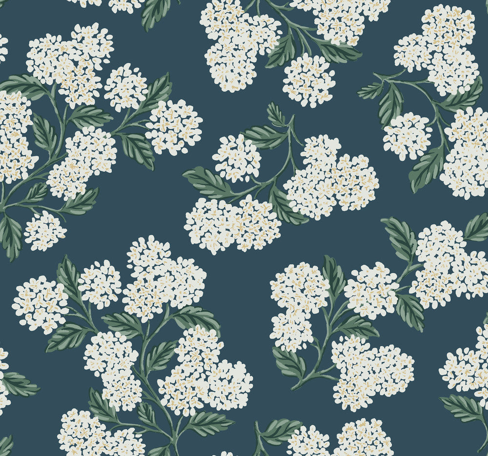 Hydrangea Blue Wallpaper by Rifle Paper Co. Rifle Paper Co. Second Edition Covers about 60.8 square feet 27-in by 27-ft long roll Unpasted 25.25 - Fabric Carolina -