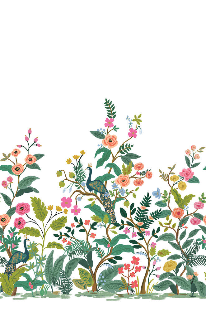Peacock White Wall Mural by Rifle Paper Co. Rifle Paper Co. 3rd Edition Covers 3 panels - measures 6.75-ft wide by 10.2-ft long when assembled 27-in by 10.2-ft long roll Unpasted 0 - Fabric Carolina -