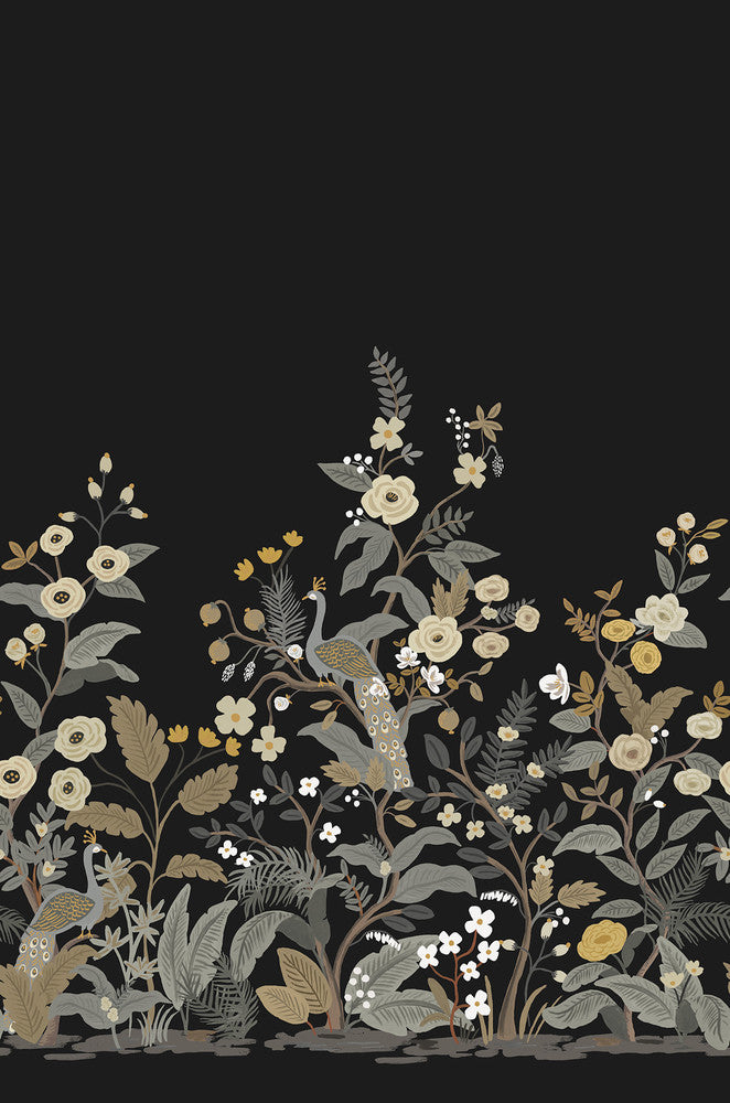 Peacock Black Wall Mural by Rifle Paper Co. Rifle Paper Co. Second Edition Covers 3 panels - measures 6.75-ft wide by 10.2-ft long when assembled 27-in by 10.2-ft long roll Unpasted 0 - Fabric Carolina -