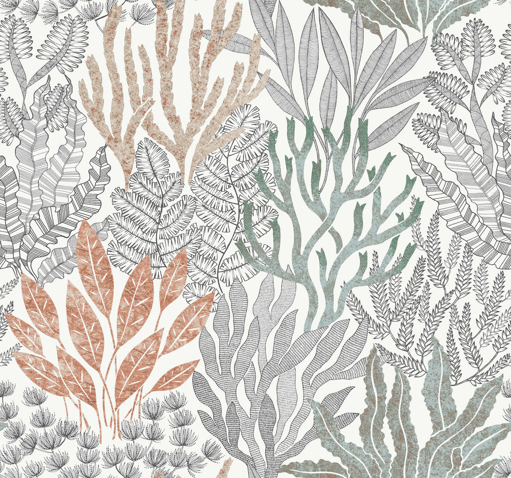 Coral Leaves Coral Black Wallpaper by York Wallcoverings Toile Resource Library Covers about 60.8 square feet 27-in by 27-ft long roll Unpasted 25.25 - Fabric Carolina -