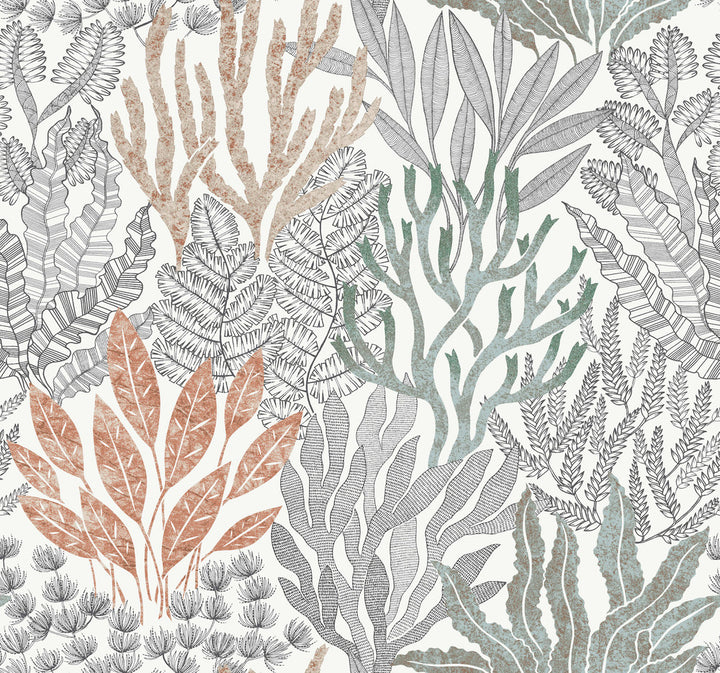 Coral Leaves Coral Black Wallpaper by York Wallcoverings Toile Resource Library Covers about 60.8 square feet 27-in by 27-ft long roll Unpasted 25.25 - Fabric Carolina -