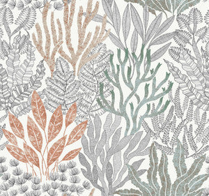 Coral Leaves Coral Black Wallpaper by York Wallcoverings