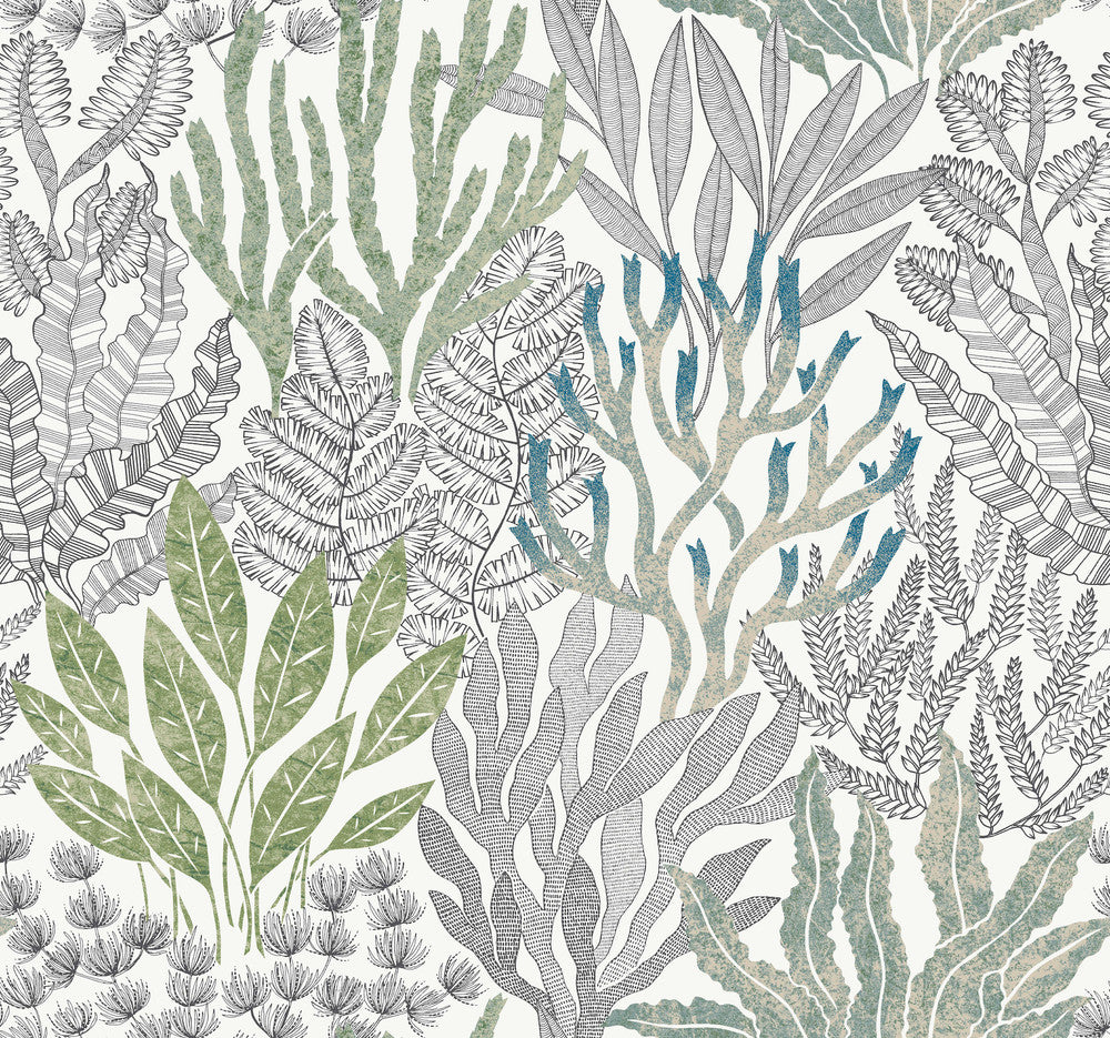 Coral Leaves Blue & Green Wallpaper by York Wallcoverings Toile Resource Library Covers about 60.8 square feet 27-in by 27-ft long roll Unpasted 25.25 - Fabric Carolina -