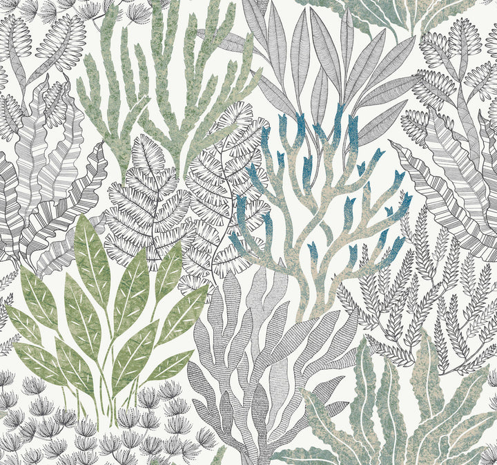 Coral Leaves Blue & Green Wallpaper by York Wallcoverings Toile Resource Library Covers about 60.8 square feet 27-in by 27-ft long roll Unpasted 25.25 - Fabric Carolina -