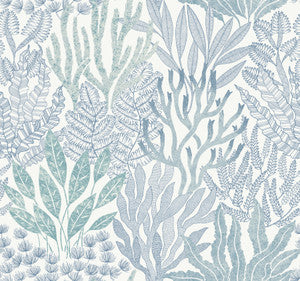 Coral Leaves Blue & Aqua Wallpaper by York Wallcoverings