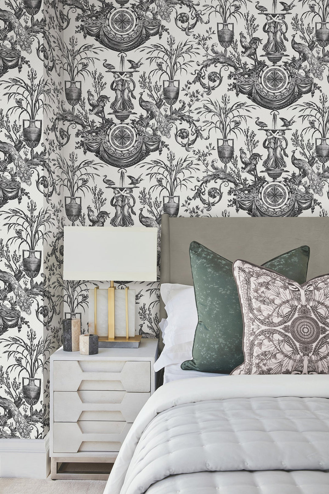 Avian Fountain Toile Black Wallpaper by York Wallcoverings Designer