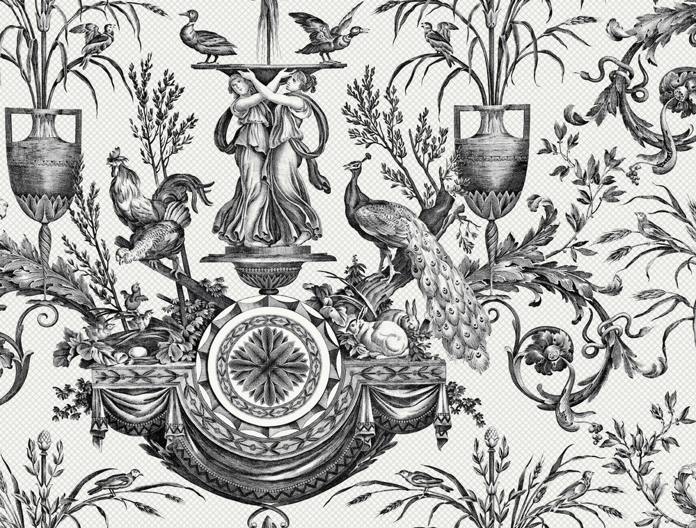 Avian Fountain Toile Black Wallpaper by York Wallcoverings Toile Resource Library Covers about 60.8 square feet 27-in by 27-ft long roll Unpasted 20.5 - Fabric Carolina -