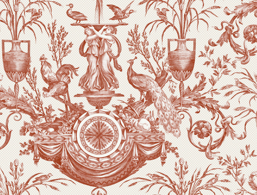 Avian Fountain Toile Brick Wallpaper by York Wallcoverings Toile Resource Library Covers about 60.8 square feet 27-in by 27-ft long roll Unpasted 20.5 - Fabric Carolina -