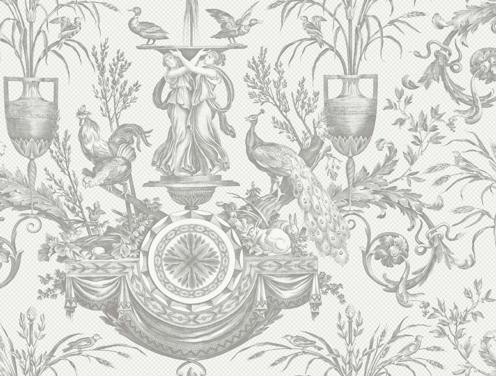 Avian Fountain Toile Grey Wallpaper by York Wallcoverings Toile Resource Library Covers about 60.8 square feet 27-in by 27-ft long roll Unpasted 20.5 - Fabric Carolina -