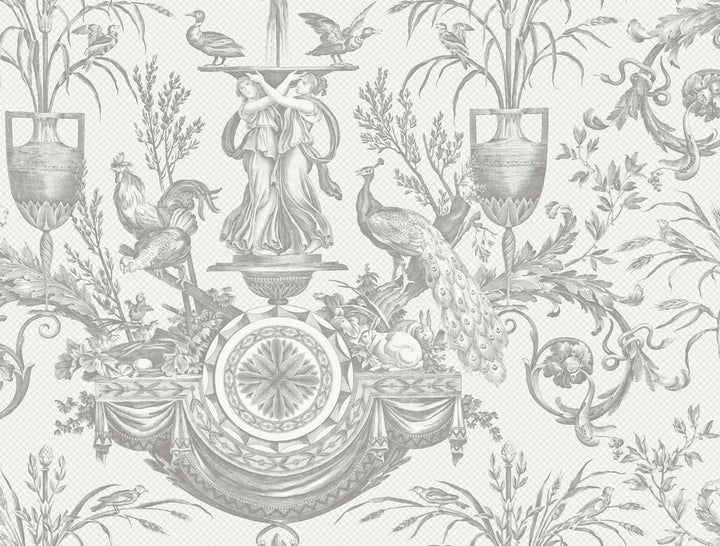 Avian Fountain Toile Grey Wallpaper by York Wallcoverings Toile Resource Library Covers about 60.8 square feet 27-in by 27-ft long roll Unpasted 20.5 - Fabric Carolina -