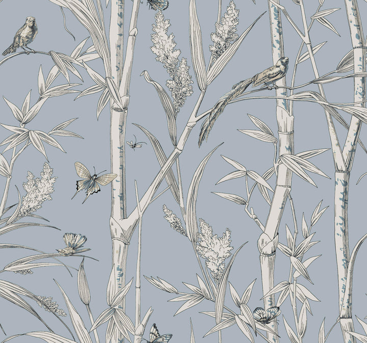 Bambou Toile Sky Blue Wallpaper by York Wallcoverings Toile Resource Library Covers about 60.8 square feet 27-in by 27-ft long roll Unpasted 25.25 - Fabric Carolina -