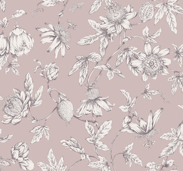 Passion Flower Toile Orchid Wallpaper by York Wallcoverings Toile Resource Library Covers about 60.8 square feet 27-in by 27-ft long roll Unpasted 25.25 - Fabric Carolina -
