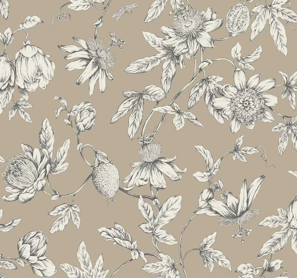 Passion Flower Toile Linen Wallpaper by York Wallcoverings Toile Resource Library Covers about 60.8 square feet 27-in by 27-ft long roll Unpasted 25.25 - Fabric Carolina -