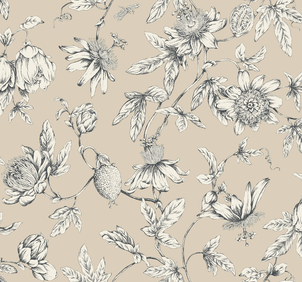 Passion Flower Toile Beige Wallpaper by York Wallcoverings Toile Resource Library Covers about 60.8 square feet 27-in by 27-ft long roll Unpasted 25.25 - Fabric Carolina -