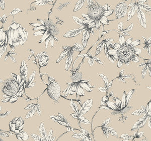 Passion Flower Toile Beige Wallpaper by York Wallcoverings