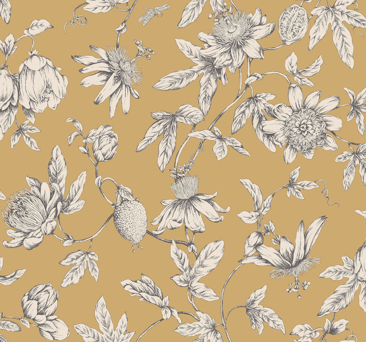 Passion Flower Toile Harvest Wallpaper by York Wallcoverings Toile Resource Library Covers about 60.8 square feet 27-in by 27-ft long roll Unpasted 25.25 - Fabric Carolina -