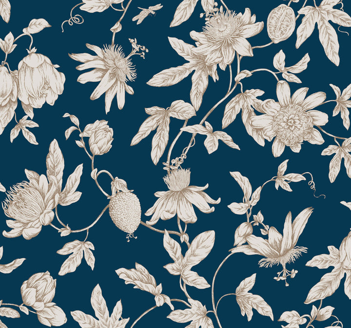 Passion Flower Toile Navy Wallpaper by York Wallcoverings Toile Resource Library Covers about 60.8 square feet 27-in by 27-ft long roll Unpasted 25.25 - Fabric Carolina -