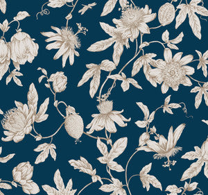 Passion Flower Toile Navy Wallpaper by York Wallcoverings