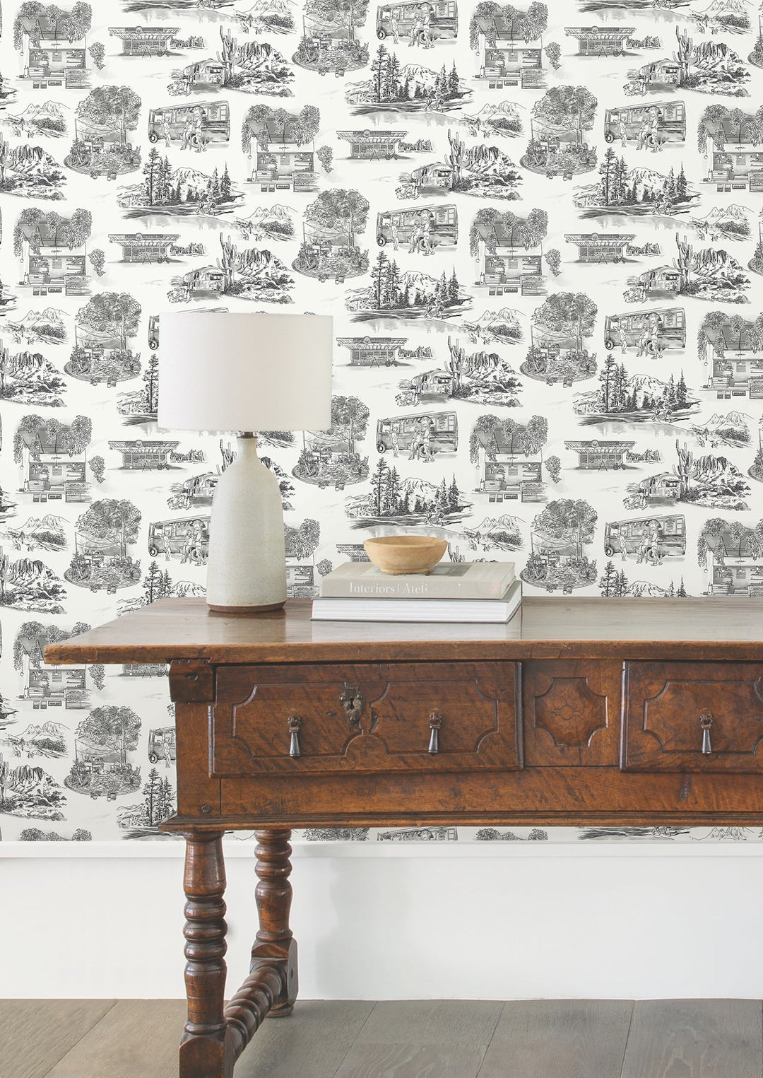 Modern Vista Toile Black Wallpaper by York Wallcoverings Designer