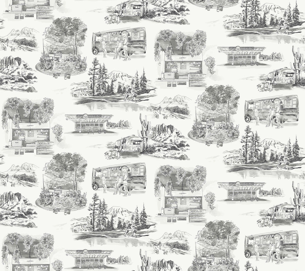 Modern Vista Toile Black Wallpaper by York Wallcoverings Toile Resource Library Covers about 60.8 square feet 27-in by 27-ft long roll Prepasted 12 - Fabric Carolina -