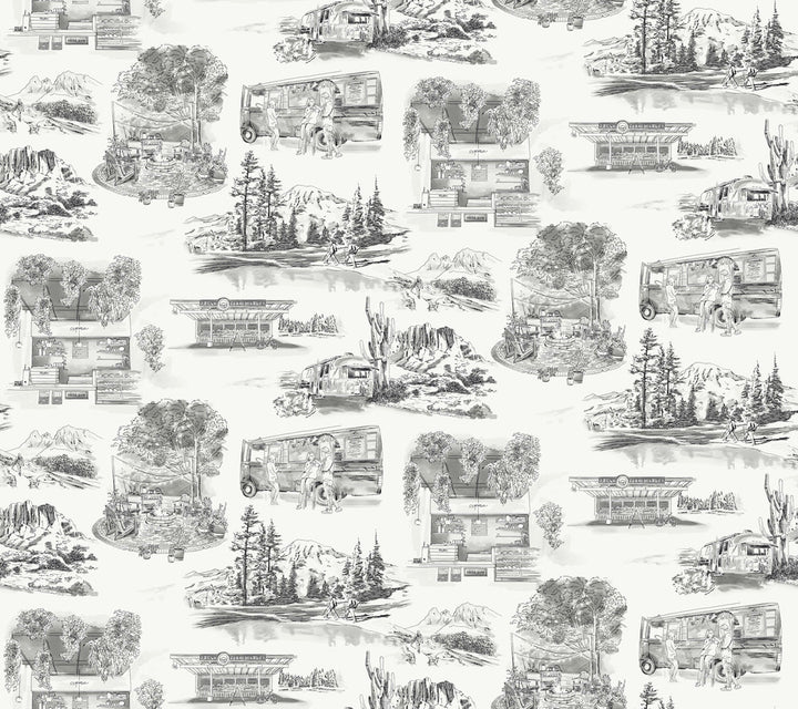 Modern Vista Toile Black Wallpaper by York Wallcoverings Toile Resource Library Covers about 60.8 square feet 27-in by 27-ft long roll Prepasted 12 - Fabric Carolina -