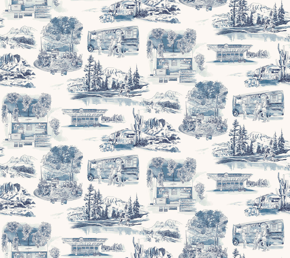Modern Vista Toile Navy Wallpaper by York Wallcoverings Toile Resource Library Covers about 60.8 square feet 27-in by 27-ft long roll Prepasted 12 - Fabric Carolina -