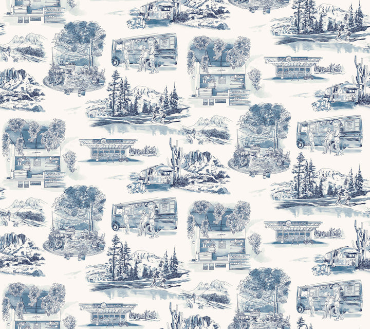 Modern Vista Toile Navy Wallpaper by York Wallcoverings Toile Resource Library Covers about 60.8 square feet 27-in by 27-ft long roll Prepasted 12 - Fabric Carolina -