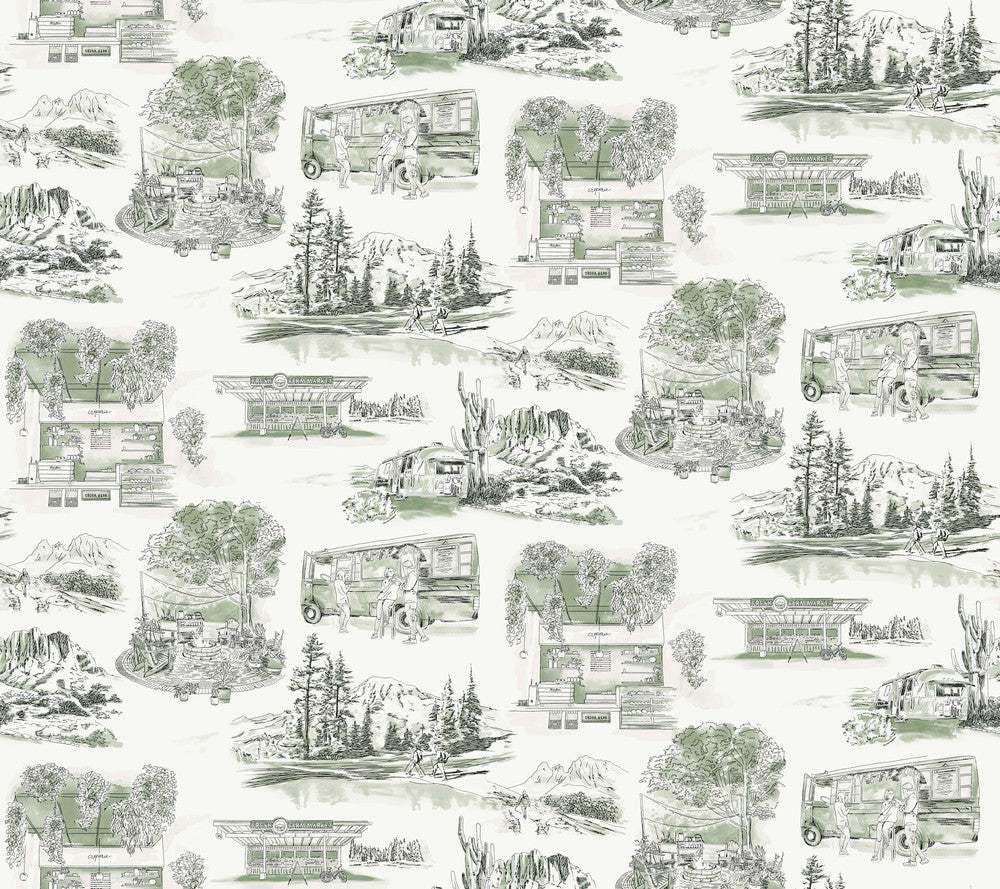 Modern Vista Toile Evergreen Wallpaper by York Wallcoverings Toile Resource Library Covers about 60.8 square feet 27-in by 27-ft long roll Prepasted 12 - Fabric Carolina -
