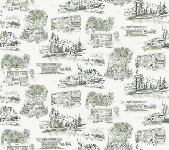 Modern Vista Toile Evergreen Wallpaper by York Wallcoverings Toile Resource Library Covers about 60.8 square feet 27-in by 27-ft long roll Prepasted 12 - Fabric Carolina -