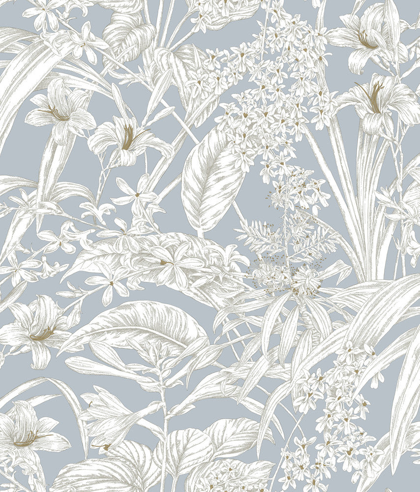 Orchid Conservatory Toile Blue & Taupe Wallpaper by York Wallcoverings Toile Resource Library Covers about 56.4 square feet 20.5-in by 33-ft long roll Unpasted 24 - Fabric Carolina -