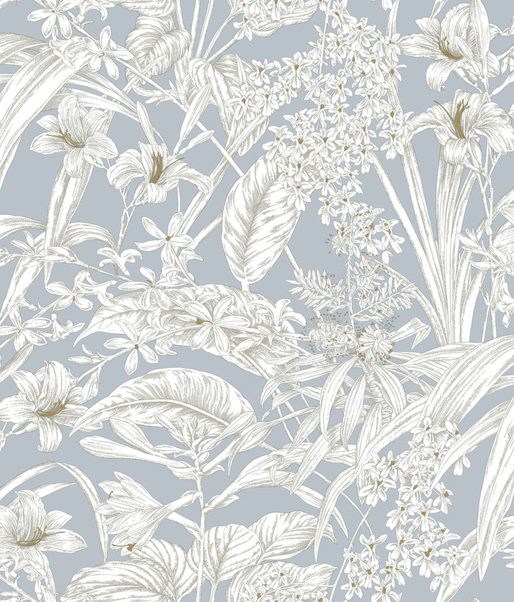 Orchid Conservatory Toile Blue & Taupe Wallpaper by York Wallcoverings Toile Resource Library Covers about 56.4 square feet 20.5-in by 33-ft long roll Unpasted 24 - Fabric Carolina -