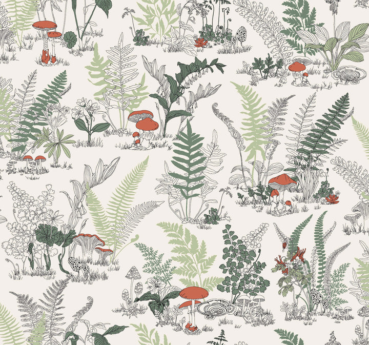 Mushroom Garden Toile Red & Green Wallpaper by York Wallcoverings Toile Resource Library Covers about 60.8 square feet 27-in by 27-ft long roll Unpasted 25.25 - Fabric Carolina -