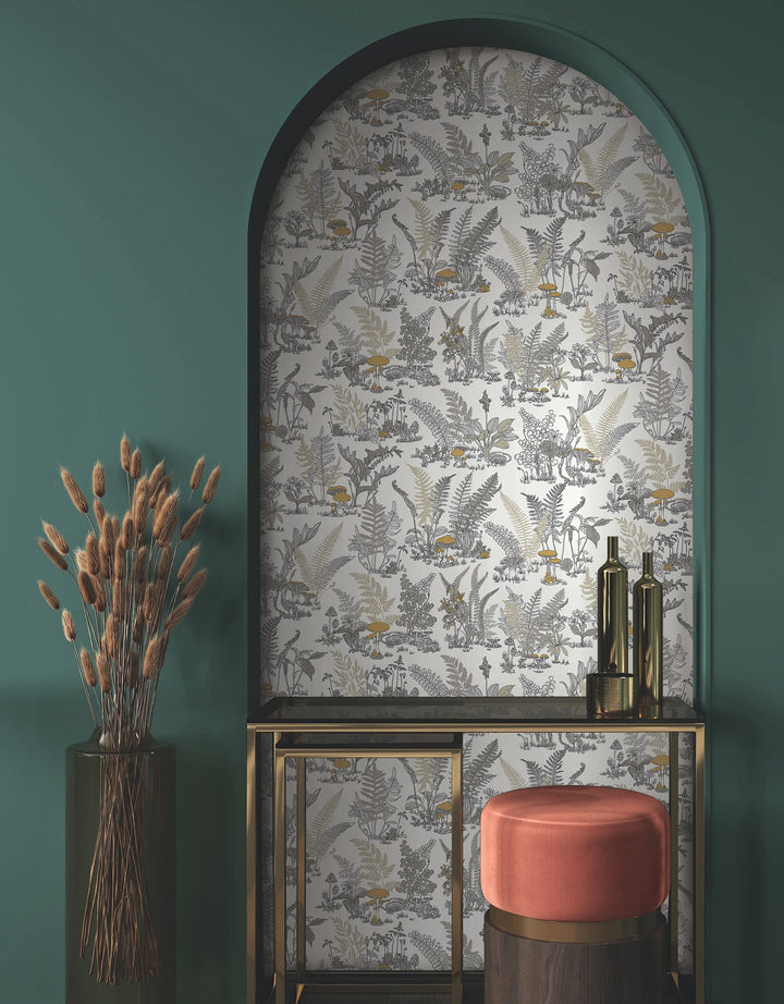 Mushroom Garden Toile Neutral & Gold Wallpaper by York Wallcoverings Designer