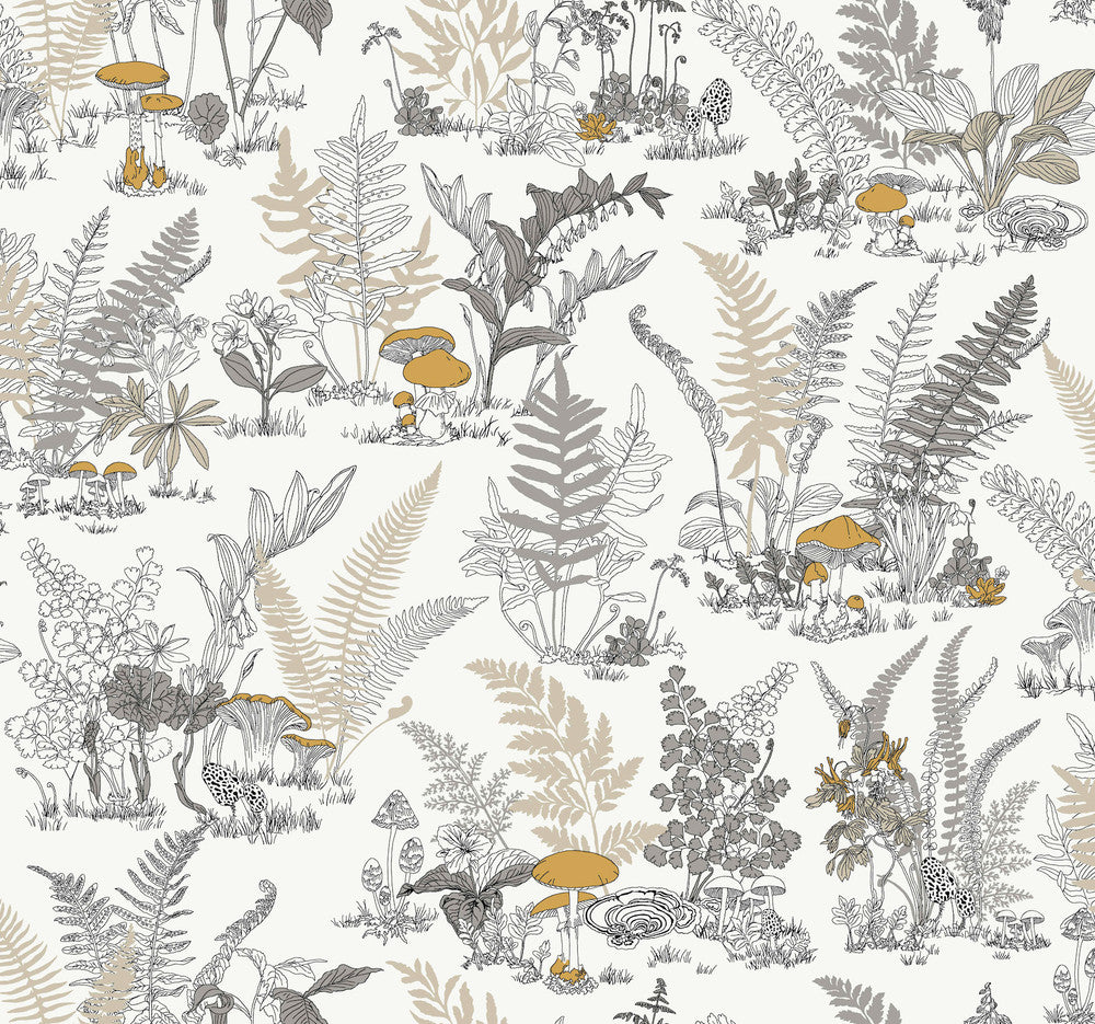 Mushroom Garden Toile Neutral & Gold Wallpaper by York Wallcoverings Toile Resource Library Covers about 60.8 square feet 27-in by 27-ft long roll Unpasted 25.25 - Fabric Carolina -