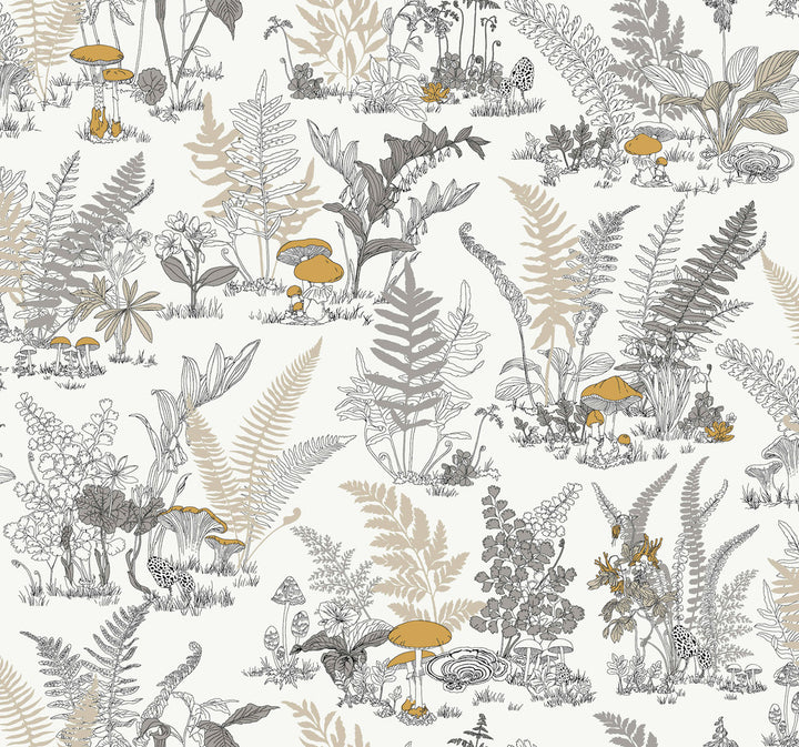 Mushroom Garden Toile Neutral & Gold Wallpaper by York Wallcoverings Toile Resource Library Covers about 60.8 square feet 27-in by 27-ft long roll Unpasted 25.25 - Fabric Carolina -