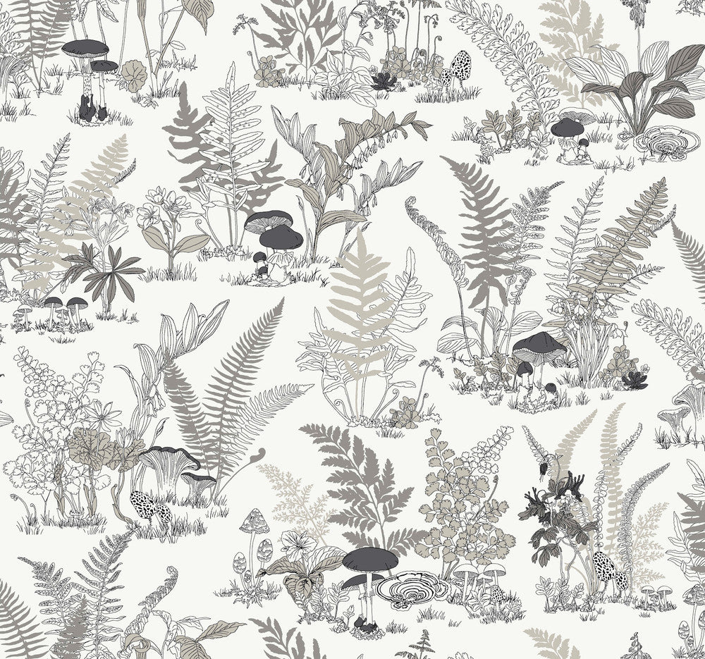 Mushroom Garden Toile Black & Grey Wallpaper by York Wallcoverings Toile Resource Library Covers about 60.8 square feet 27-in by 27-ft long roll Unpasted 25.25 - Fabric Carolina -