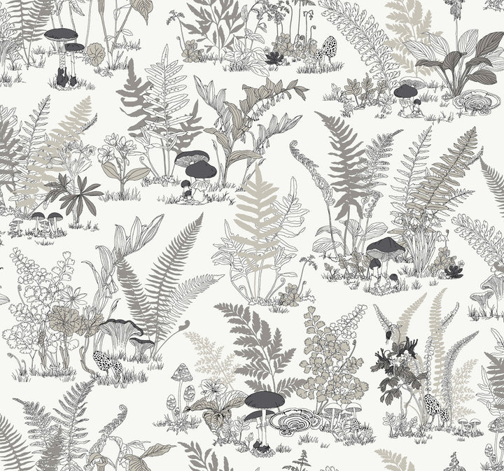 Mushroom Garden Toile Black & Grey Wallpaper by York Wallcoverings Toile Resource Library Covers about 60.8 square feet 27-in by 27-ft long roll Unpasted 25.25 - Fabric Carolina -