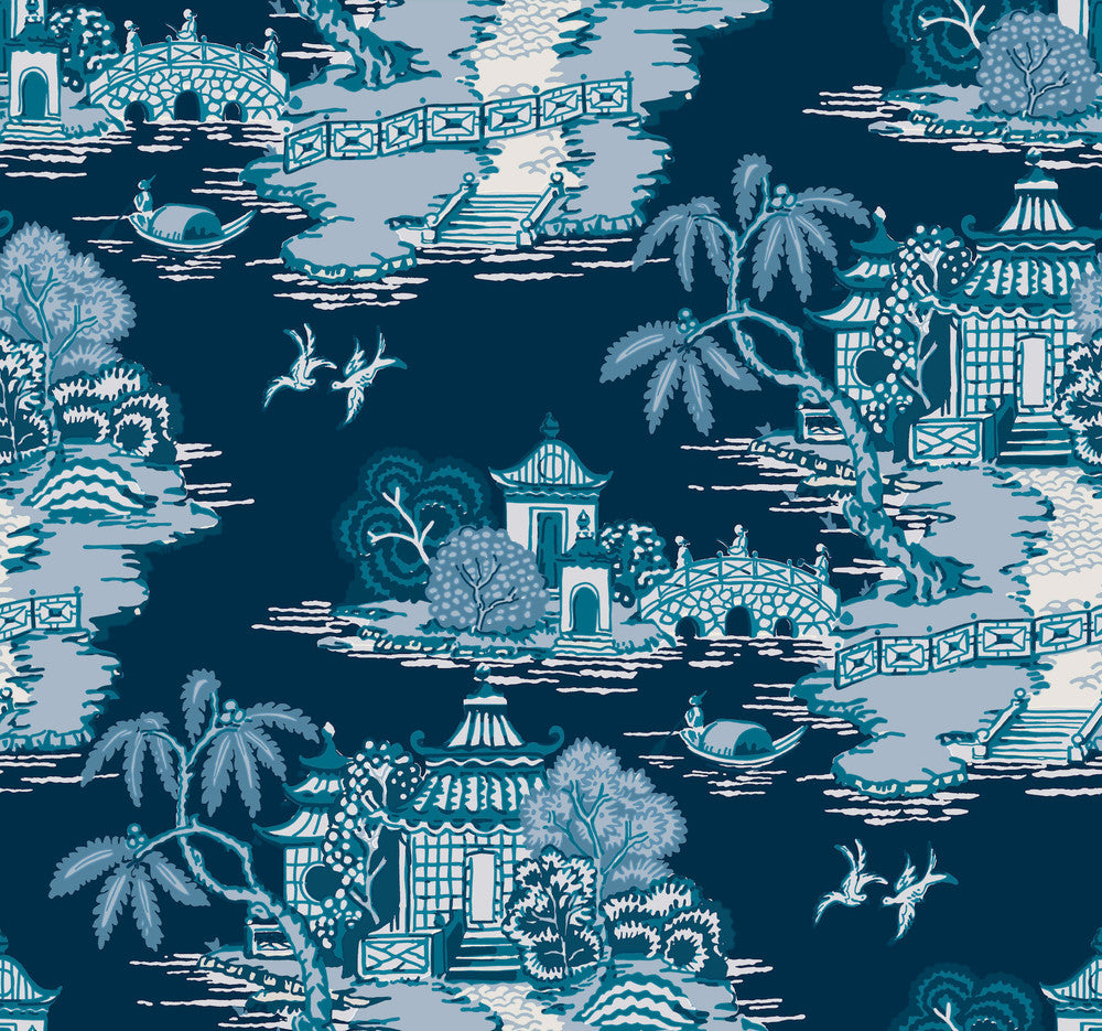 Pagoda And Sampan Scenic Navy Wallpaper by York Wallcoverings Toile Resource Library Covers about 60.8 square feet 27-in by 27-ft long roll Unpasted 25.25 - Fabric Carolina -