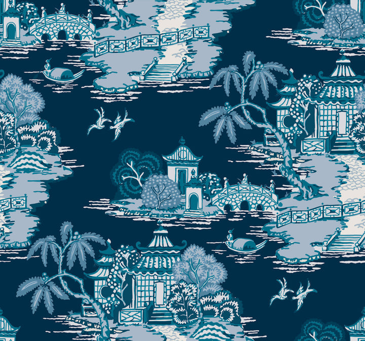 Pagoda And Sampan Scenic Navy Wallpaper by York Wallcoverings Toile Resource Library Covers about 60.8 square feet 27-in by 27-ft long roll Unpasted 25.25 - Fabric Carolina -