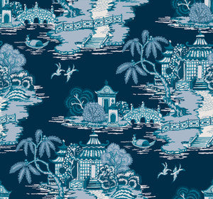 Pagoda And Sampan Scenic Navy Wallpaper by York Wallcoverings