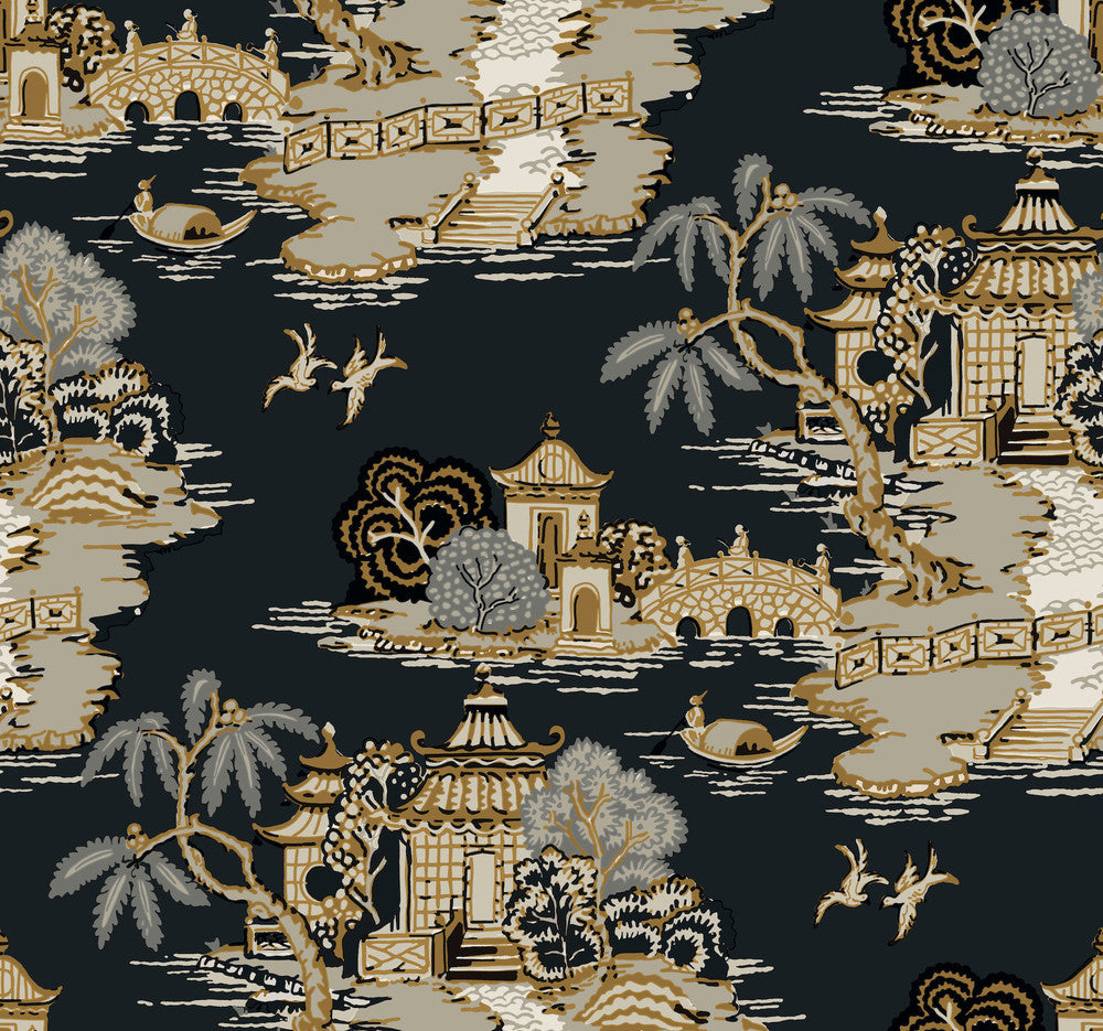 Pagoda And Sampan Scenic Black Wallpaper by York Wallcoverings Toile Resource Library Covers about 60.8 square feet 27-in by 27-ft long roll Unpasted 25.25 - Fabric Carolina -