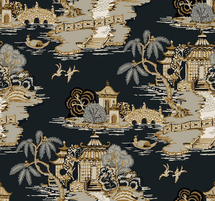 Pagoda And Sampan Scenic Black Wallpaper by York Wallcoverings Toile Resource Library Covers about 60.8 square feet 27-in by 27-ft long roll Unpasted 25.25 - Fabric Carolina -