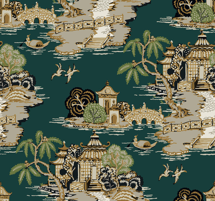 Pagoda And Sampan Scenic Forest Wallpaper by York Wallcoverings Toile Resource Library Covers about 60.8 square feet 27-in by 27-ft long roll Unpasted 25.25 - Fabric Carolina -